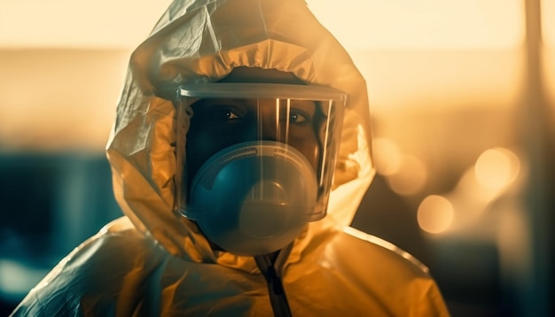 Один человек в защитном костюме работает с бактерией, созданной ИИ