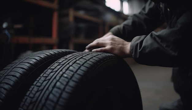 One man repairing tire with work tool generated by AI