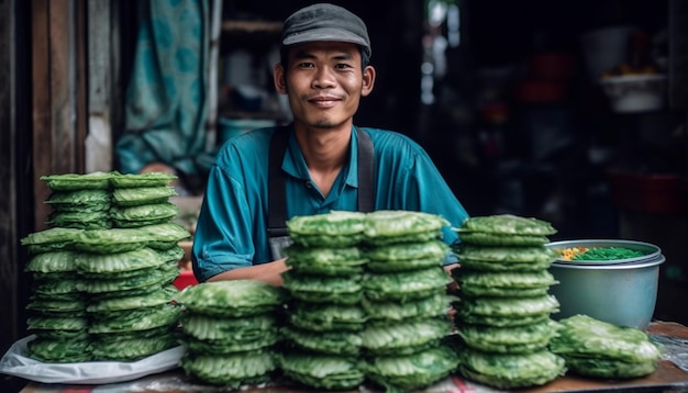 無料写真 ai が生成した屋外マーケットで新鮮な野菜を販売する陽気なベンダーの男性