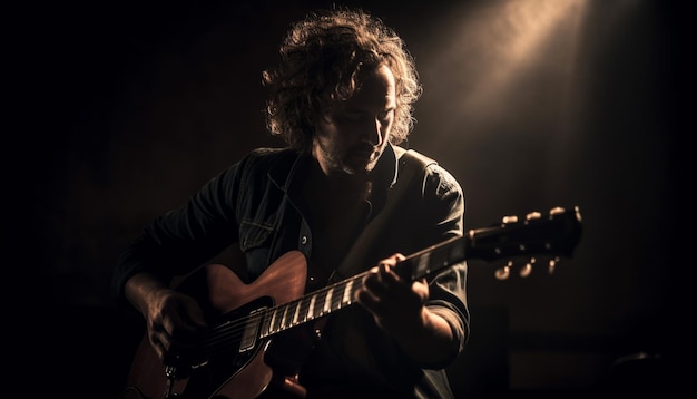 Foto gratuita un musicista che suona la chitarra sul palco di notte generato dall'intelligenza artificiale