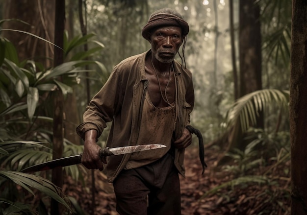 Foto gratuita un uomo anziano in piedi con in mano un machete che sembra generato dall'intelligenza artificiale