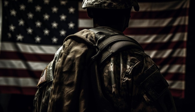 愛国的な兵士の 1 人が、AI によって生成されたアメリカ国旗に敬礼します。