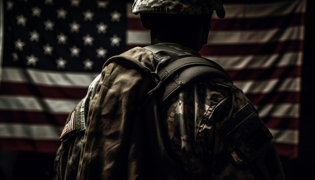 One patriotic soldier standing in front of the American flag