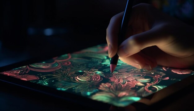 One person hand painting colorful abstract design generated by AI