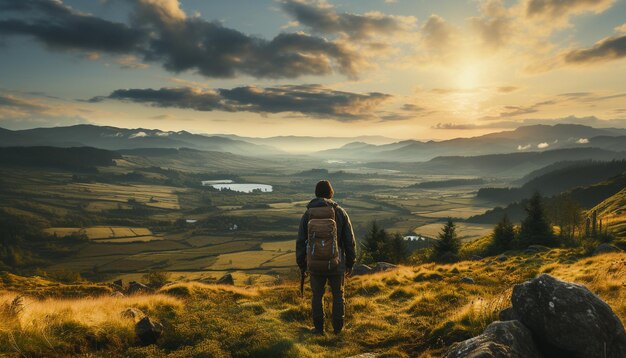 One person hiking mountain peak enjoying nature beauty and freedom generated by artificial intelligence