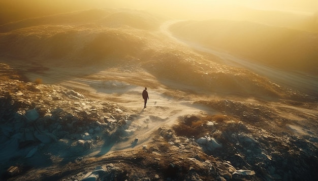 Free photo one person hiking mountain peak at sunrise generated by ai