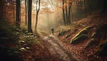 Бесплатное фото Один человек путешествует по осеннему лесу, созданному ии