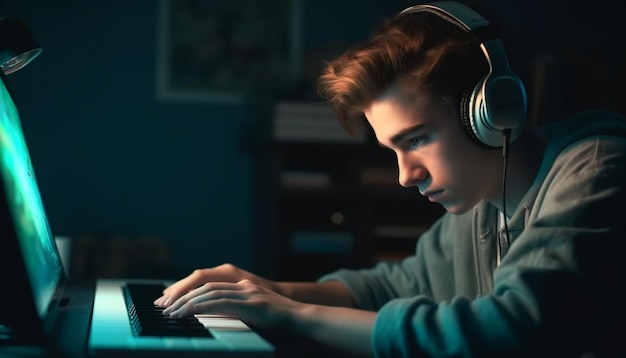 One person sitting typing using computer headphones generated by ai