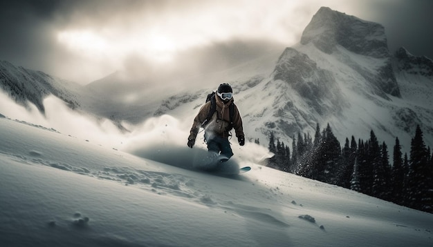 無料写真 aiが生成した山の斜面をスノーボードで滑降する1人