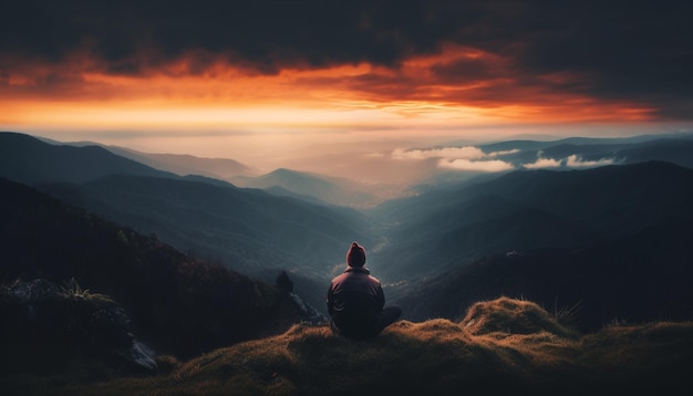 Free photo one person standing atop mountain peak triumphantly generated by ai