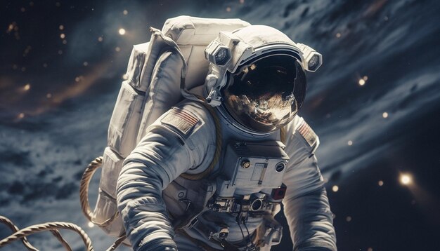 AI가 생성한 미래형 우주복을 입고 야외에 서 있는 한 사람