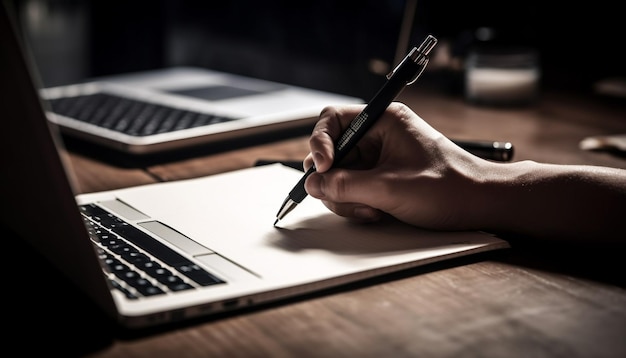 One person typing on laptop holding pen generated by AI