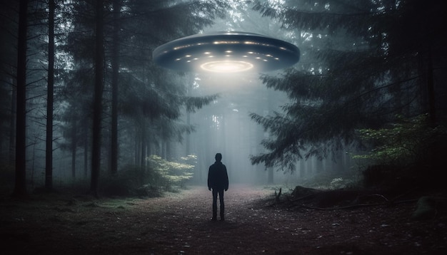 무료 사진 으스스한 숲 속을 걷는 한 사람이 ai가 생성한 외계인을 만납니다.