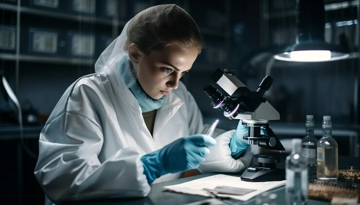 Free Photo one scientist examining liquid using microscope indoors generated by ai