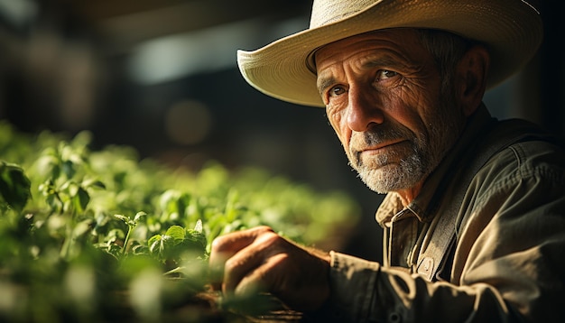 Foto gratuita un agricoltore senior all'aperto che lavora in un'azienda agricola biologica generata dall'intelligenza artificiale