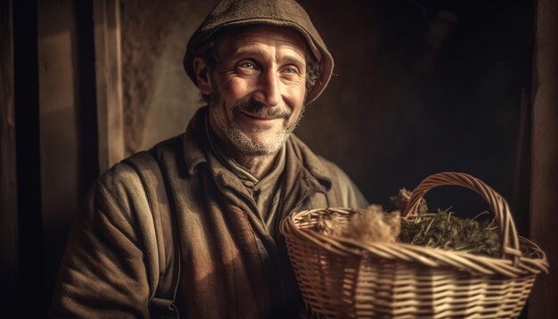 Один старший мужчина держит свежие органические продукты, созданные ИИ