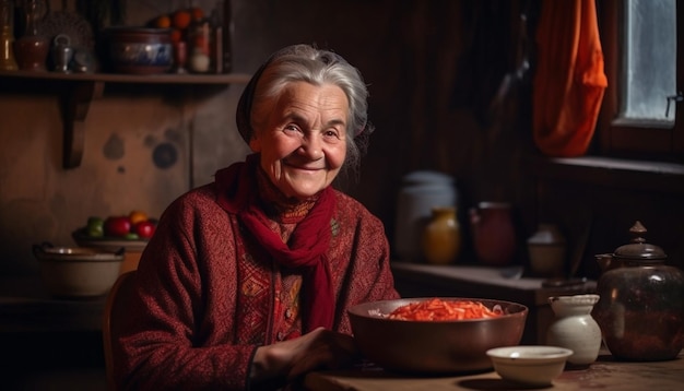 AI によって生成された自家製の食事を準備する 1 つの笑顔の年配の女性
