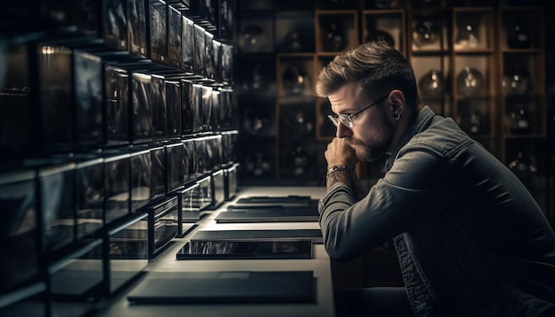 Free photo one serious businessman reading in dark library generated by ai