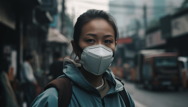 One serious woman in protective mask outdoors generated by AI