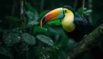 Free photo one toucan perched on branch in forest generated by ai