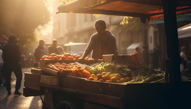 AI によって生成された新鮮な有機食品を屋外で販売する 1 つのベンダー