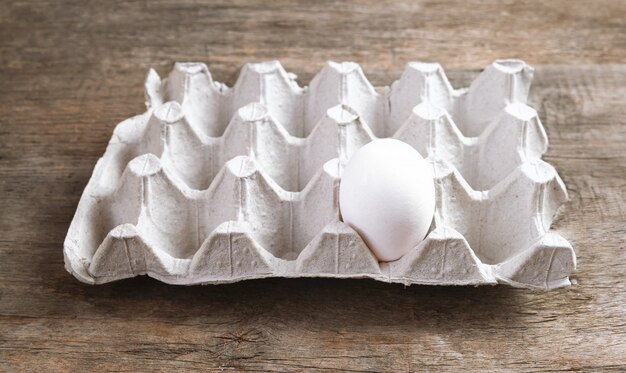 One white egg in the pack on wooden background.