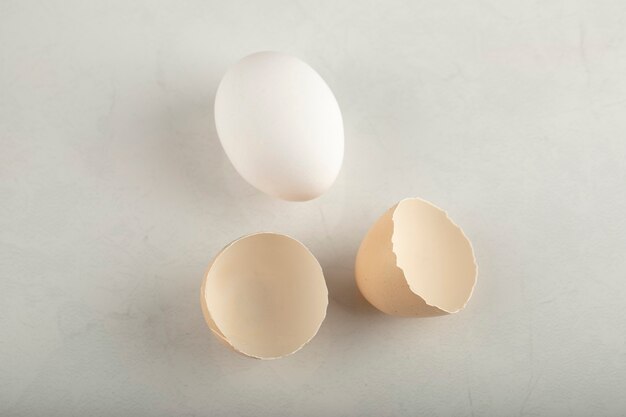 One whole white chicken egg with eggshell . 