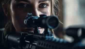 Free photo one woman aiming rifle with determination outdoors generated by ai