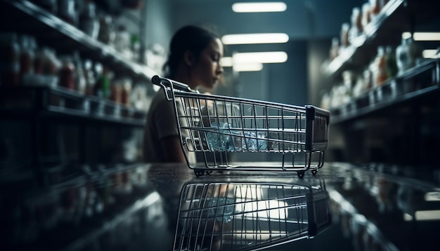 Бесплатное фото Одна женщина покупает продукты в современном супермаркете с корзиной, созданной ии
