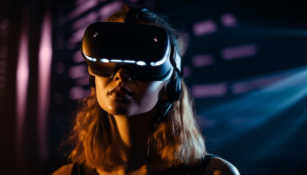 One woman enjoys virtual reality simulator game generated by AI