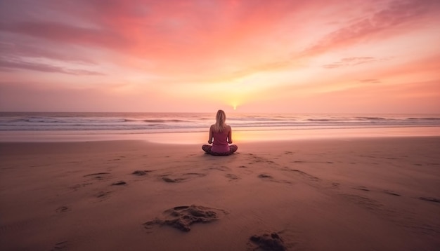 AI が生成した夕暮れの静かなビーチで瞑想する 1 人の女性