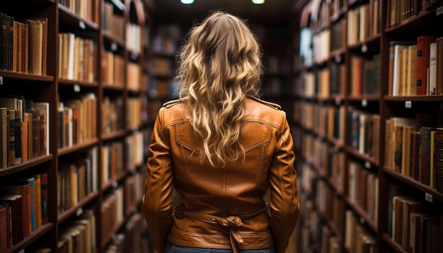 One woman reading surrounded by a large book collection generated by artificial intelligence