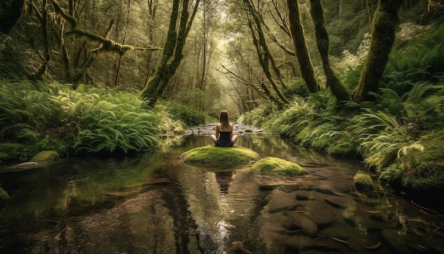 Free photo one woman sits in tranquil scene reflecting on beauty in nature generated by ai