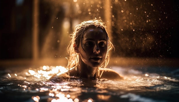 Free photo one woman smiling enjoying refreshing swim outdoors generated by ai