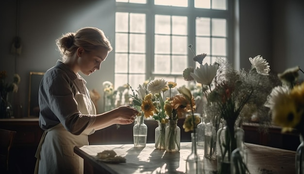 One woman standing indoors holding vase smiling working florist generated by AI