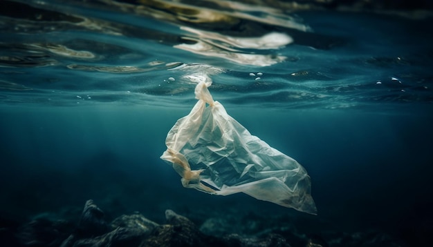 One woman swimming deep with fish below generated by AI