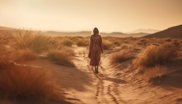 One woman walking on sand at sunset generated by AI