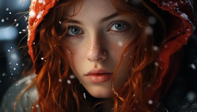 Одна женщина, молодая и красивая, улыбается на снегу, созданном искусственным интеллектом.