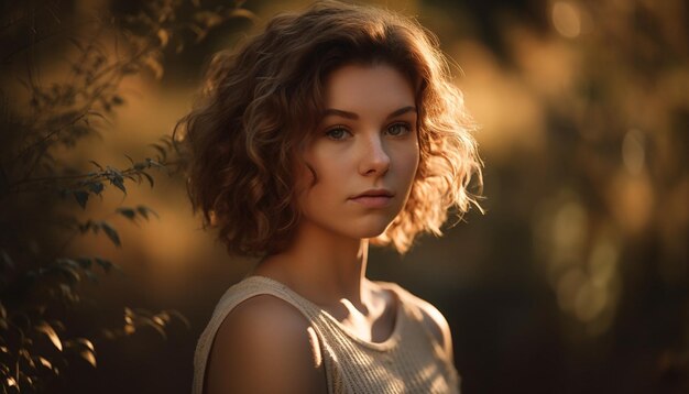 One young caucasian woman smiling in nature generated by AI