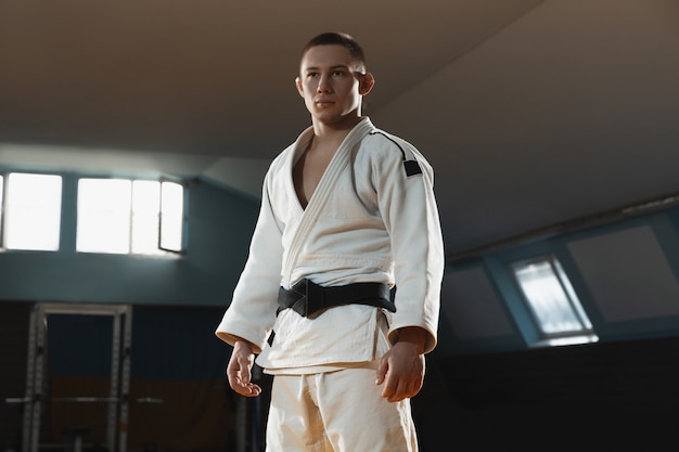 Бесплатное фото Один молодой боец в кимоно тренирует боевые искусства в спортзале
