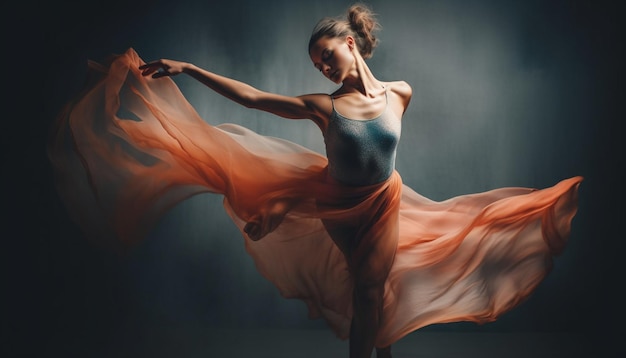Одна молодая женщина танцует с элегантностью и чувственностью, созданной искусственным интеллектом.