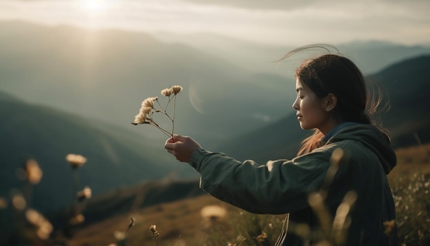 One young woman enjoying the beauty of nature generated by AI