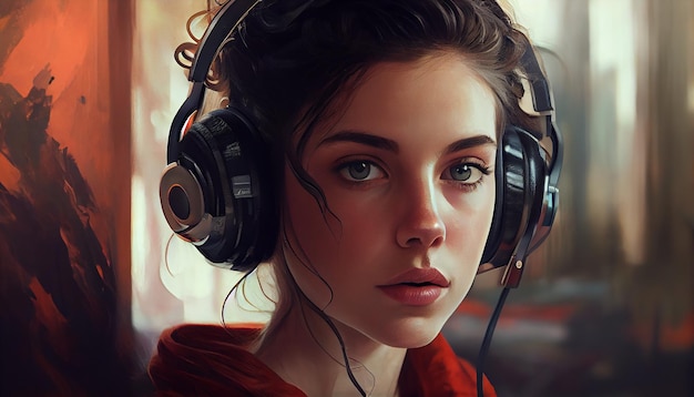 One young woman listening to music with headphones generated by AI