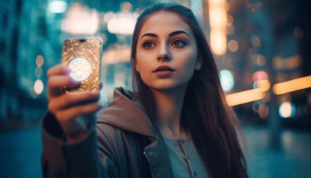 One young woman looking elegant outdoors at night generated by AI