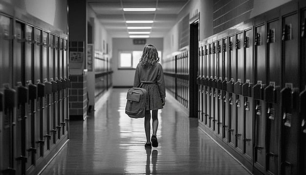 One young woman walking with modern luggage generated by AI