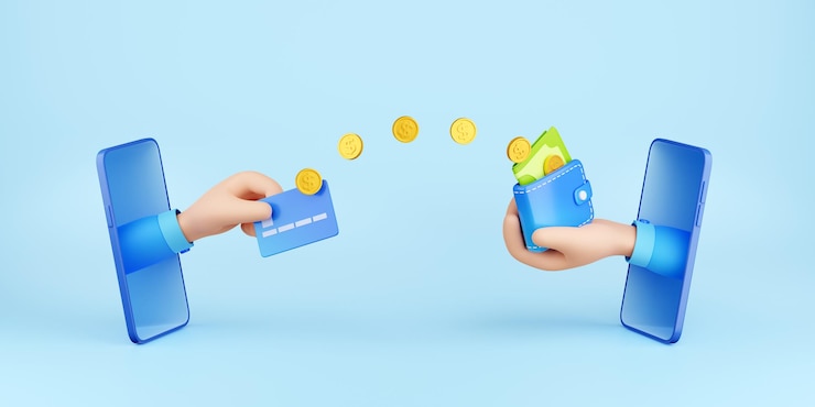 Free Photo online money transfer with 3d phones and coins