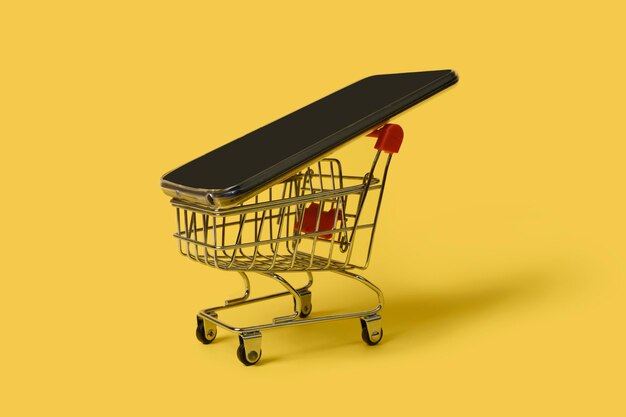 Online sales and purchases in the online store. on a yellow background.