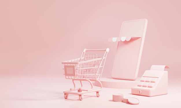 Online shopping and delivery concept with copy space on pink pastel background. business and delivery e-commerce store. 3d illustration rendering