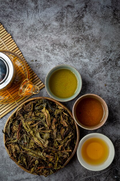 Oolong green tea in a teapot and bowl.