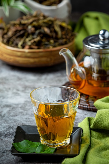 Oolong green tea in a teapot and bowl.